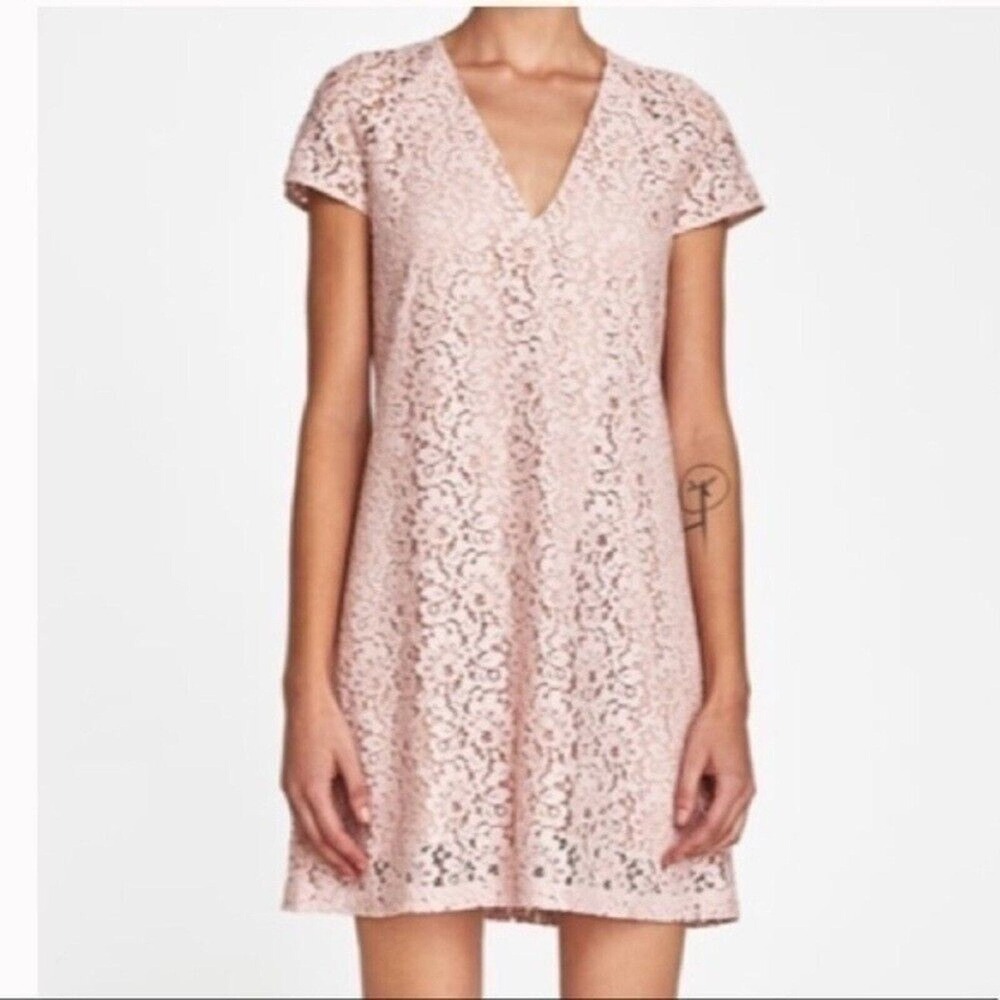 Zara Lace‎ Shift Dress Women XS Blush Pink New Floral V-Neck Cap Sleeve